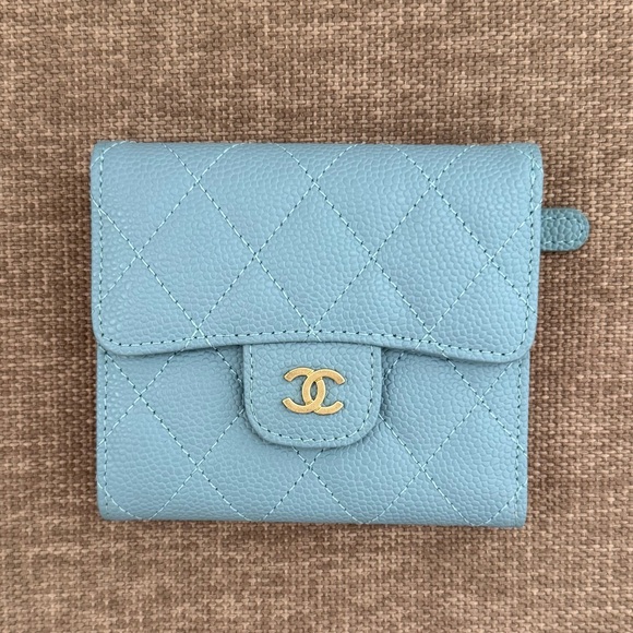 CHANEL Handbags - CHANEL Rare Light Blue/Pink Classic Tri-Fold Quilted Leather Wallet